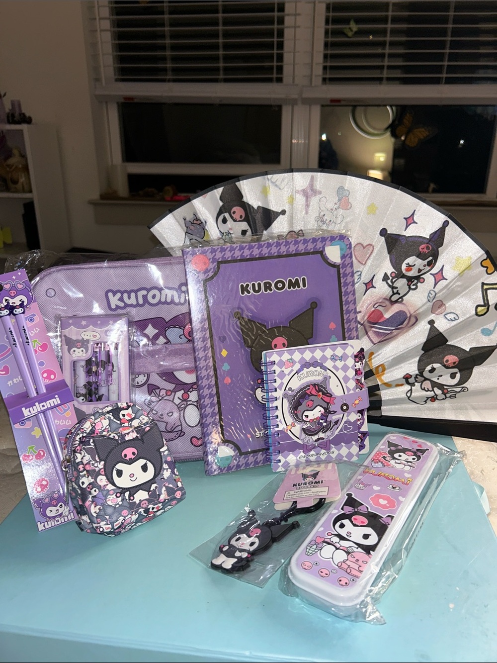 9 Piece Kuromi Kids Set Includes Laptop Case/Pens/Notebooks/Utensils & Fan New